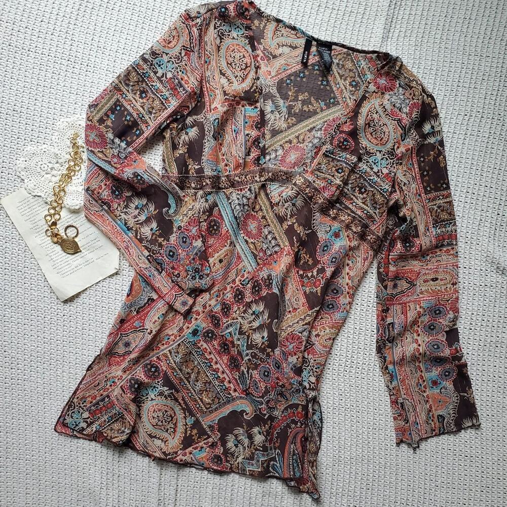 Y2k thin flowy paisley pattern long sleeve top/cover up
